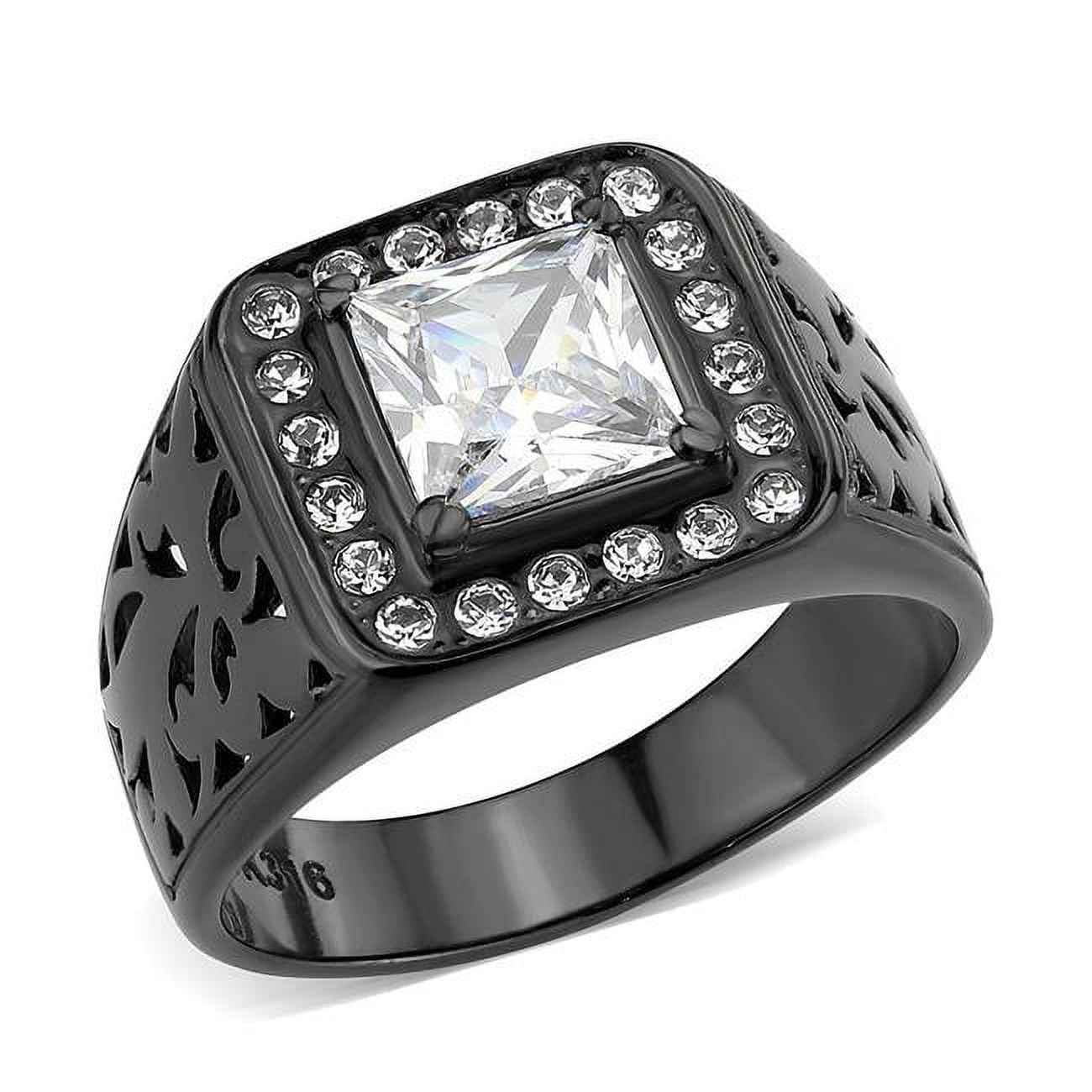 IP Black Ion Plating Stainless Steel Ring with AAA Grade CZ, Clear - Size 8