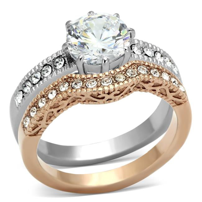 Women Two-Tone IP Rose Gold Stainless Steel Ring with AAA Grade CZ in Clear - Size 9