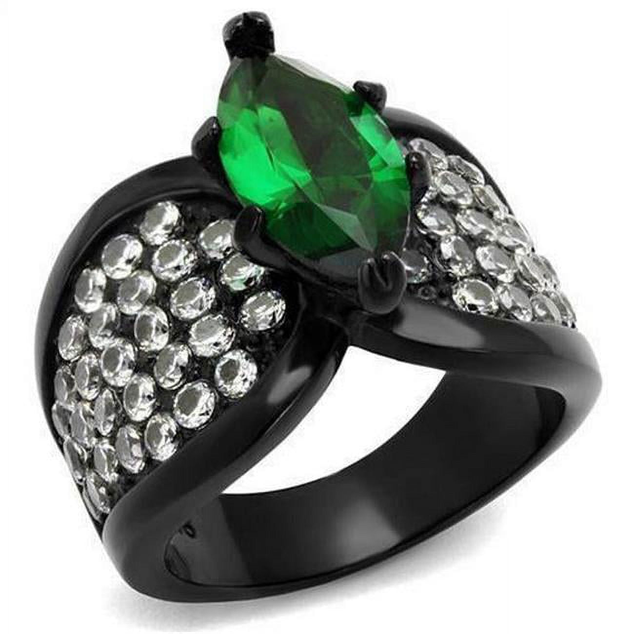 IP Black Ion Plating Stainless Steel Ring with Synthetic Glass, Emerald - Size 9