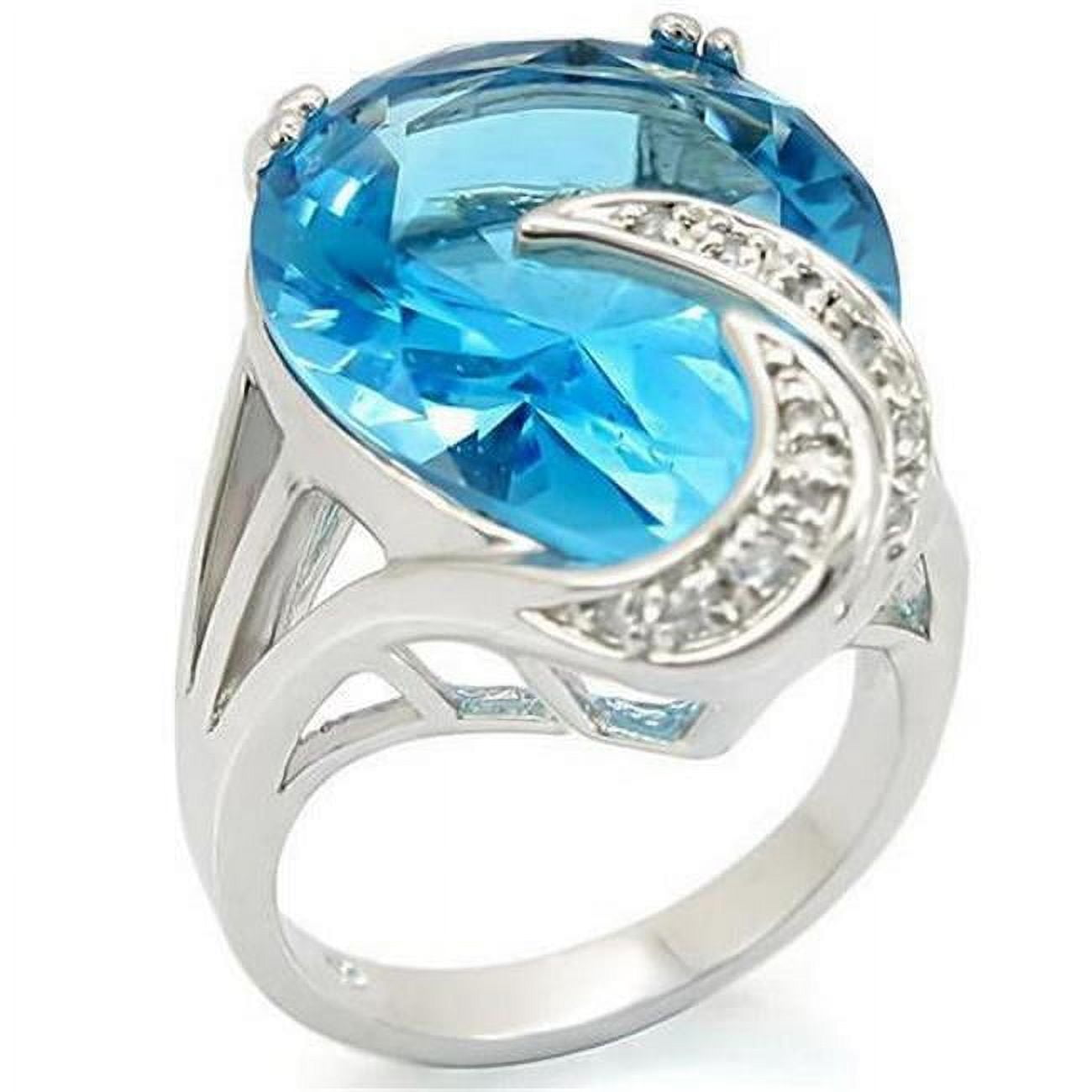 Picture of Alamode 0W343-5 Rhodium Brass Ring with Synthetic Glass, Sea Blue - Size 5