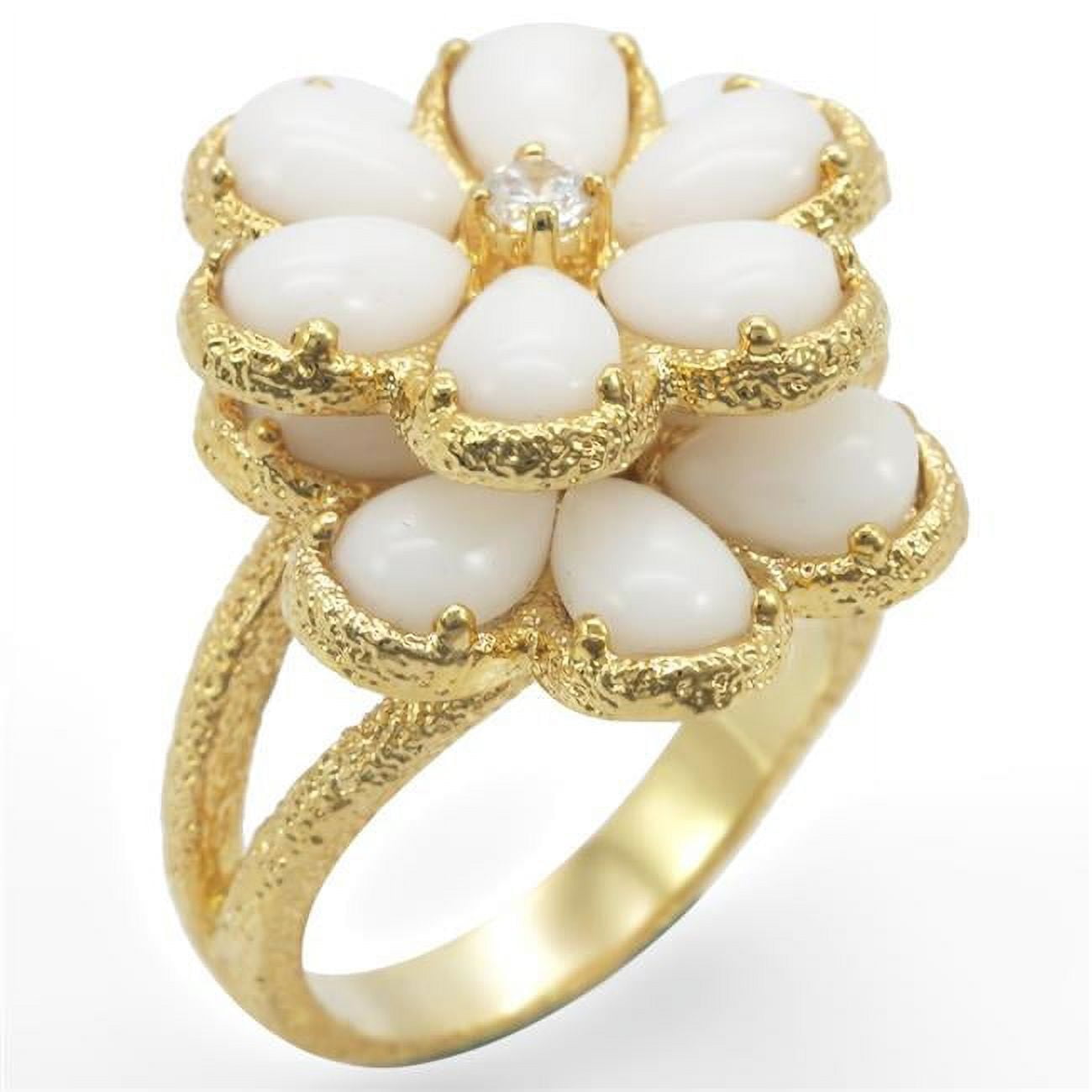 Picture of Alamode 1W045-6 Gold Brass Ring with Synthetic Glass, White - Size 6