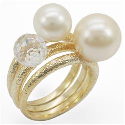1W054-7 Gold Brass Ring with Synthetic Pearl, Citrine Yellow - Size 7