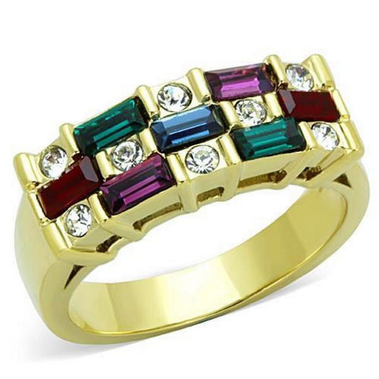 IP Gold Ion Plating Stainless Steel Ring with Top Grade Crystal, Multi Color - Size 6