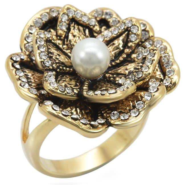 Picture of Alamode 1W063-6 Gold Brass Ring with Synthetic Pearl, Citrine Yellow - Size 6