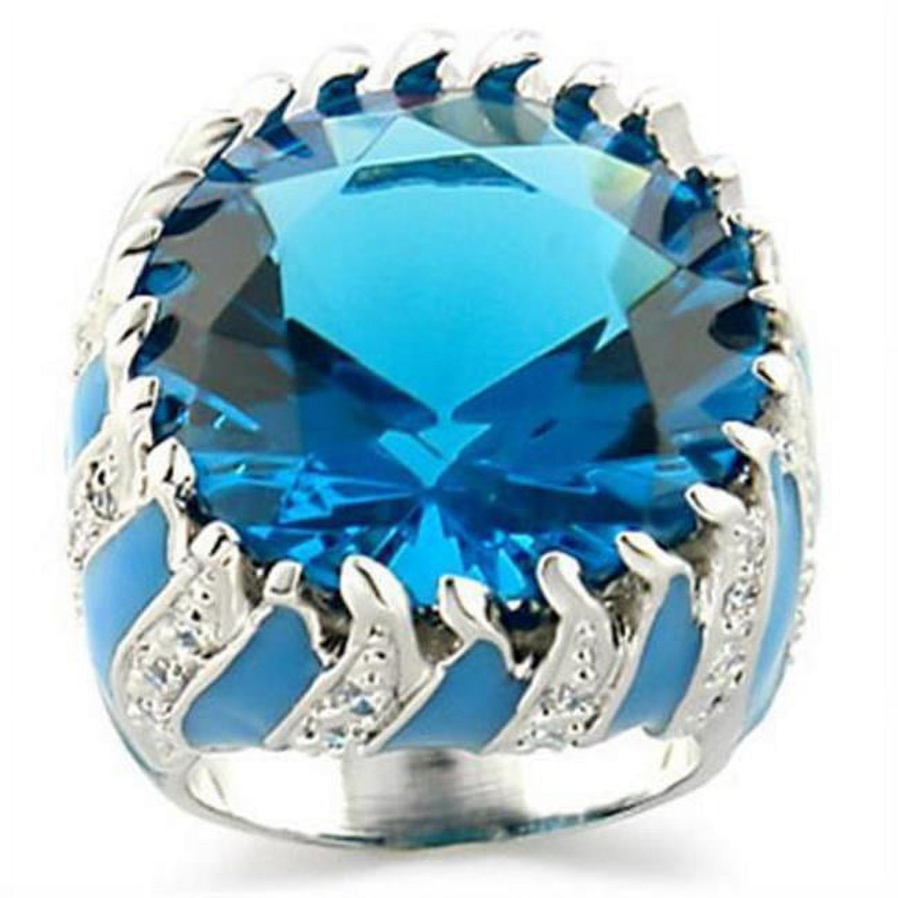 Picture of Alamode 9W189-5 Rhodium Brass Ring with Synthetic Glass, Sea Blue - Size 5