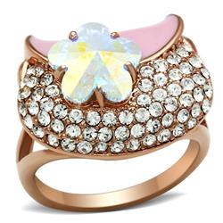 IP Rose Gold Ion Plating Brass Ring with Top Grade Crystal, Clear - Size 5