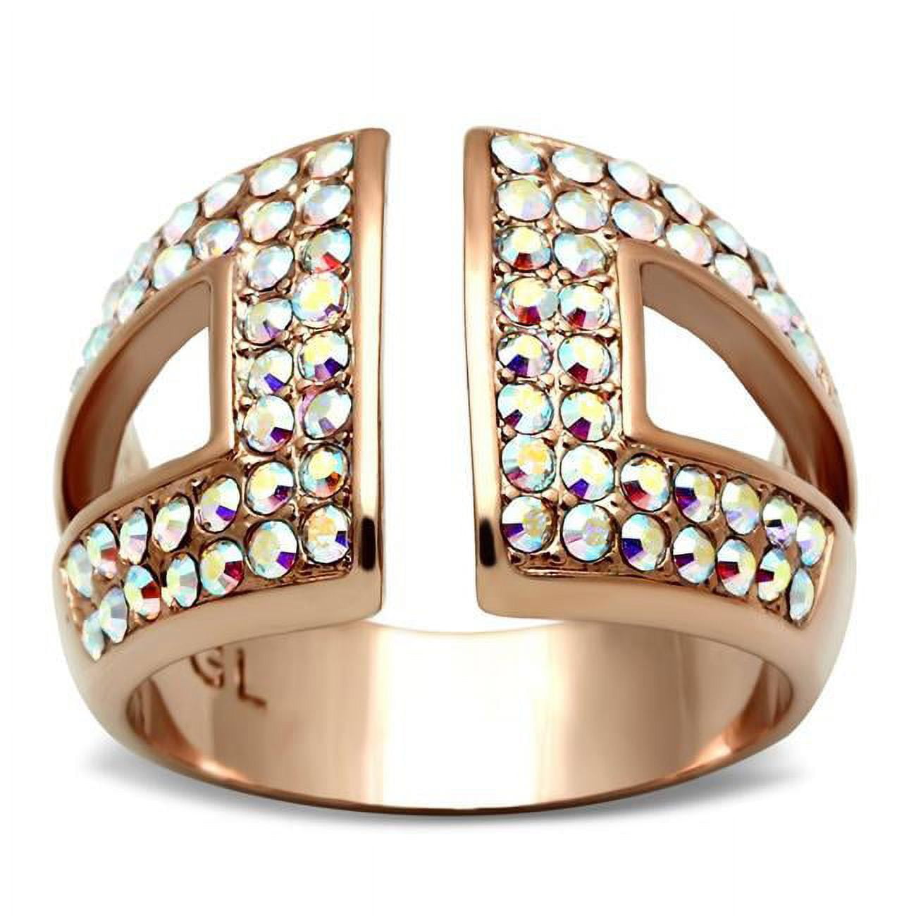 IP Rose Gold Ion Plating Brass Ring with Top Grade Crystal, Rainbow Effect Aurora Borealis - Size 5