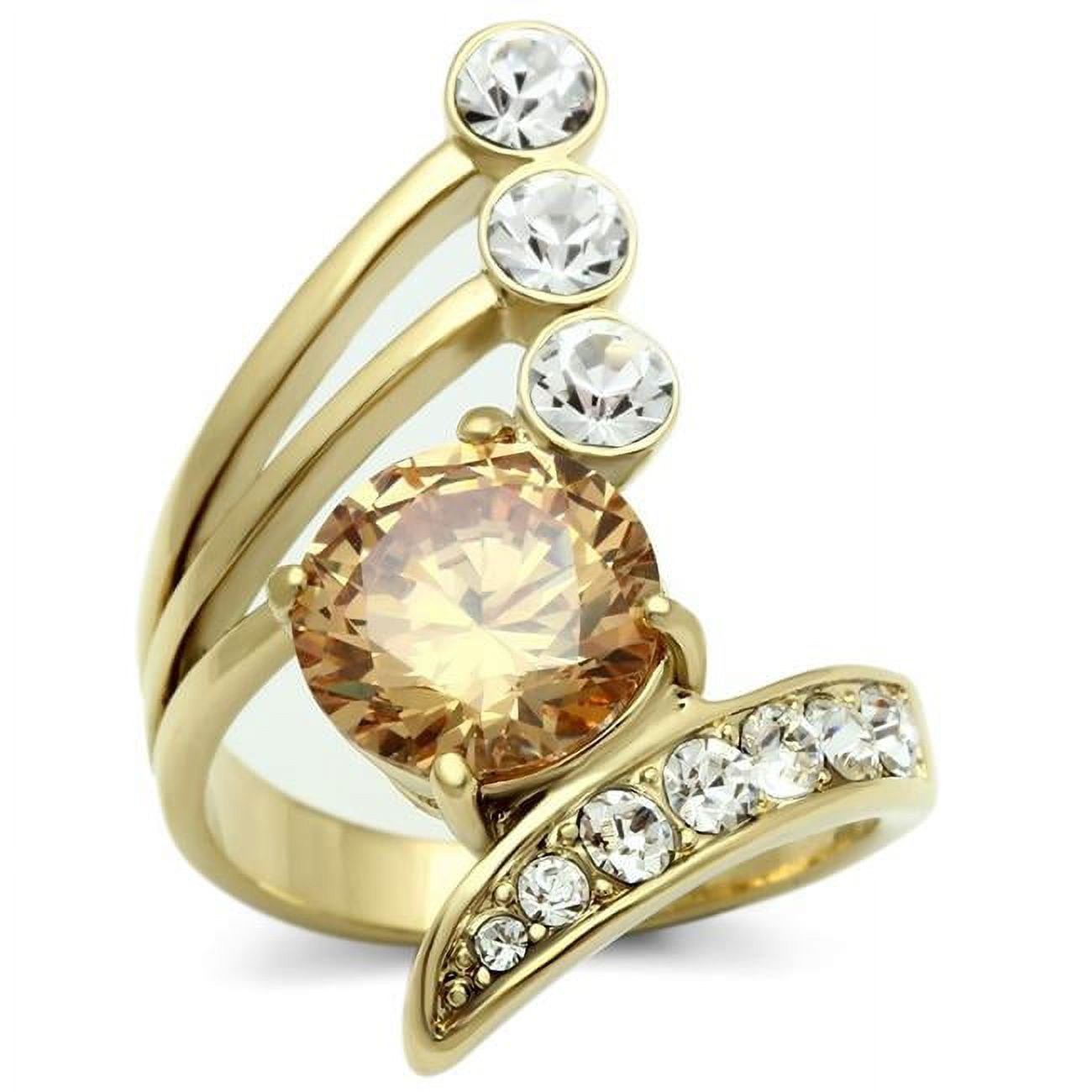 IP Gold Ion Plating Brass Ring with AAA Grade CZ, Champagne - Size 6