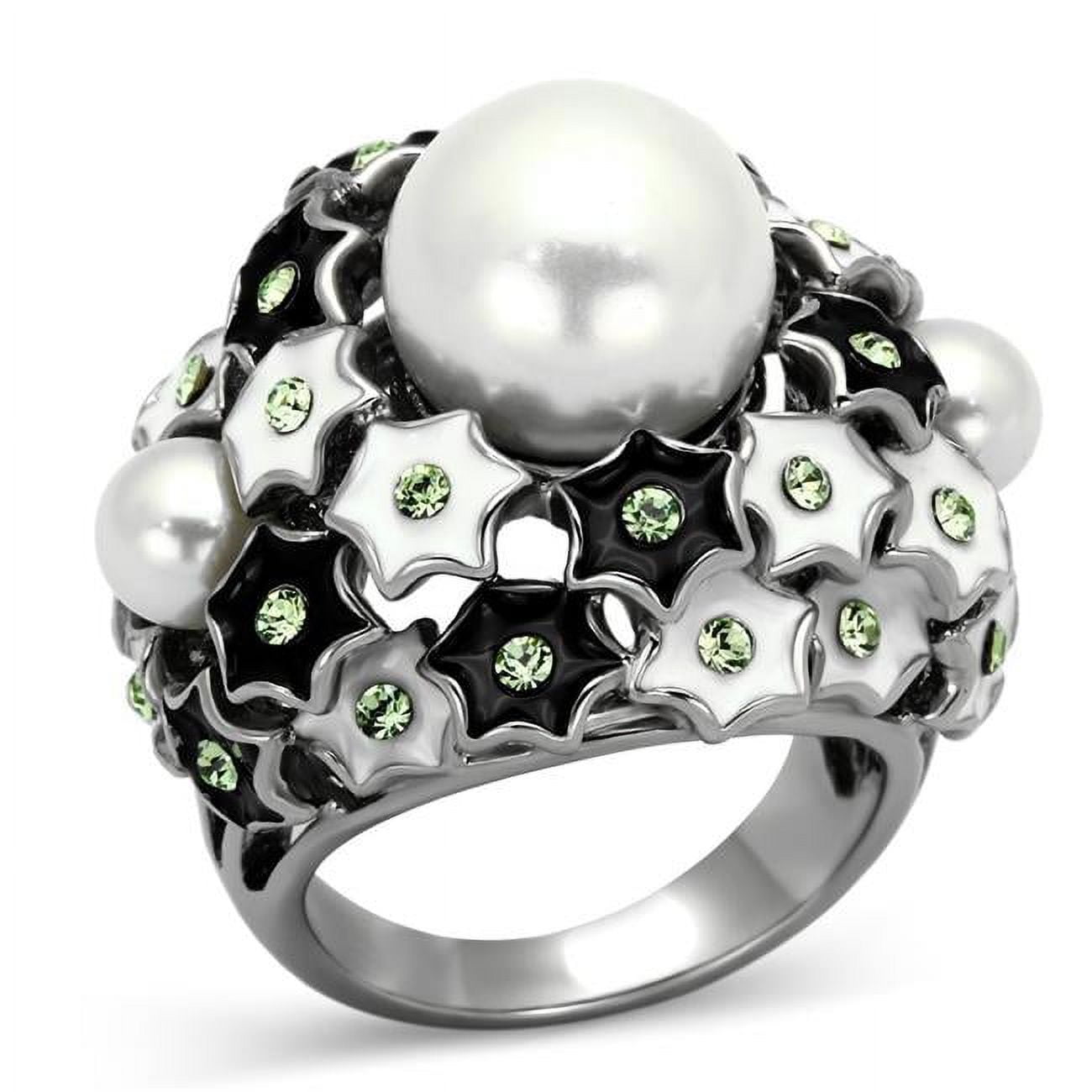 High Polished No Plating Stainless Steel Ring with Synthetic Pearl, White - Size 5