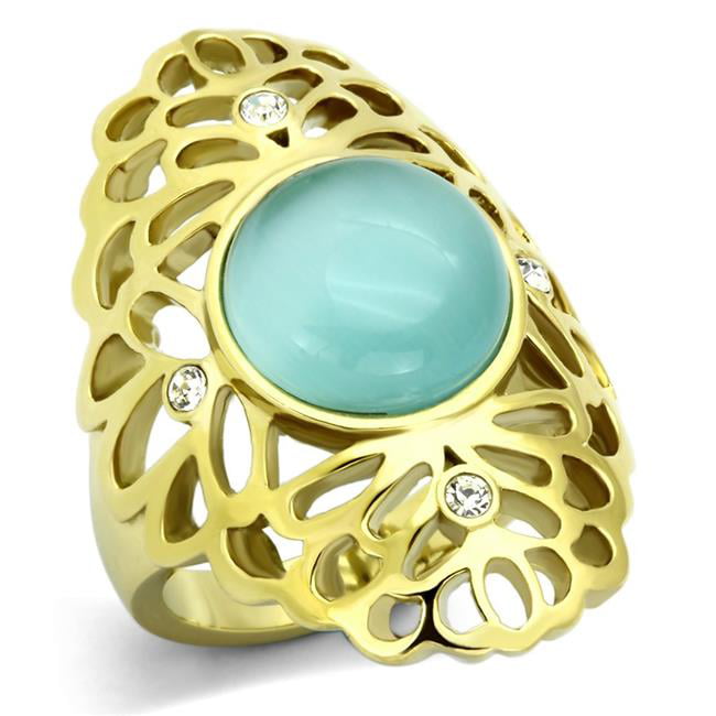 TK1029-5 IP Gold Ion Plating Stainless Steel Ring with Synthetic Cat Eye, Light Sapphire - Size 5