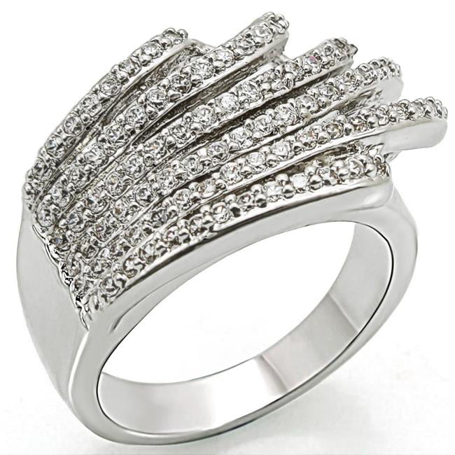 Rhodium Brass Ring with AAA Grade CZ, Clear - Size 6