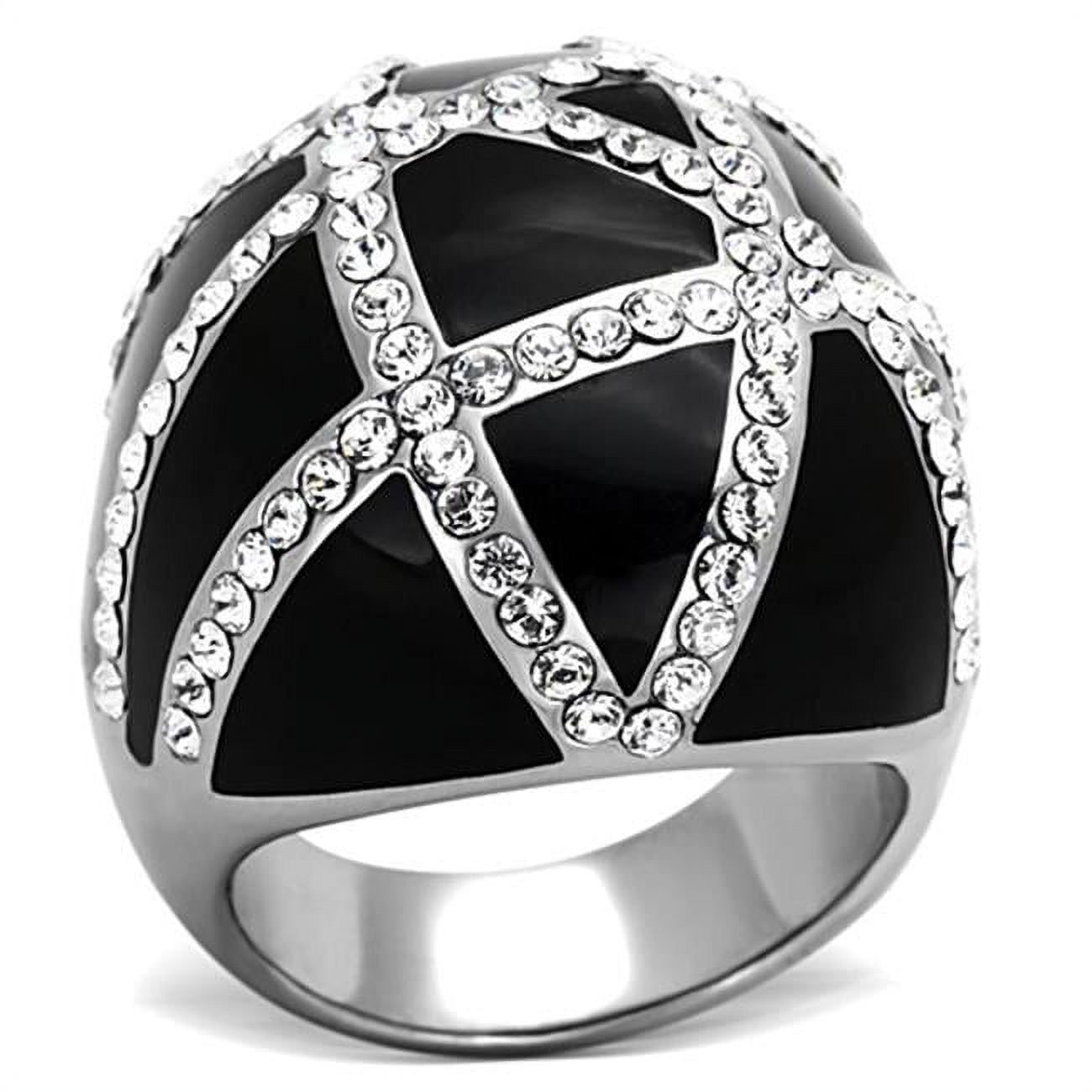 High Polished No Plating Stainless Steel Ring with Top Grade Crystal, Clear - Size 5