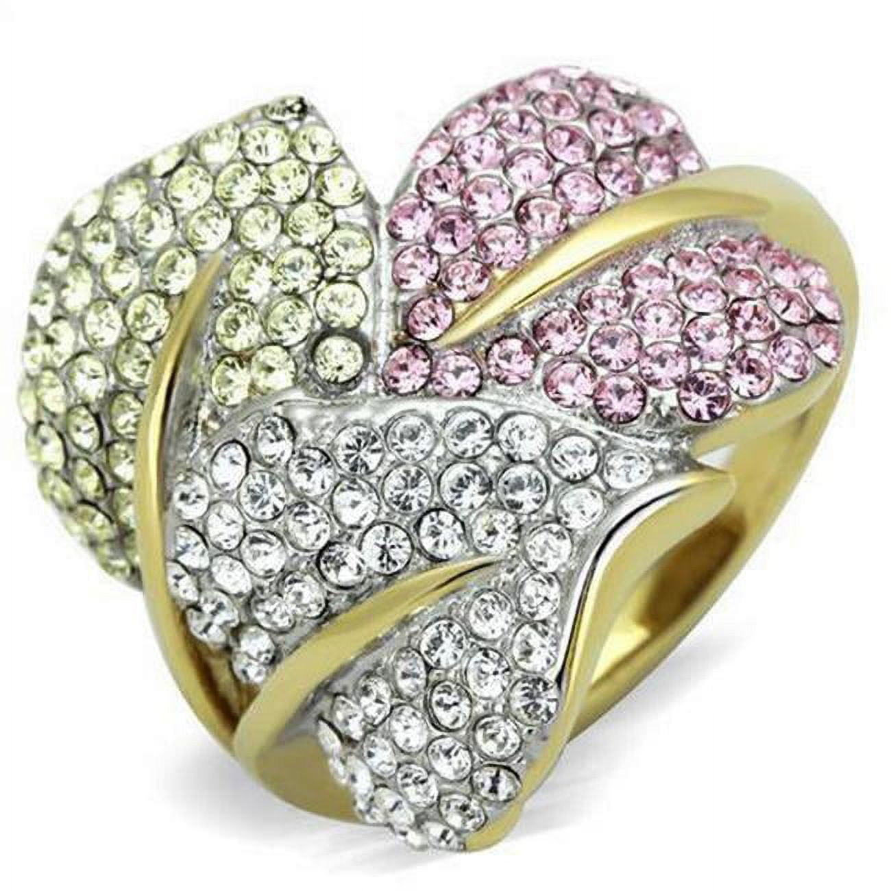 Two-Tone IP Gold Ion Plating Stainless Steel Ring with Top Grade Crystal, Multi Color - Size 6