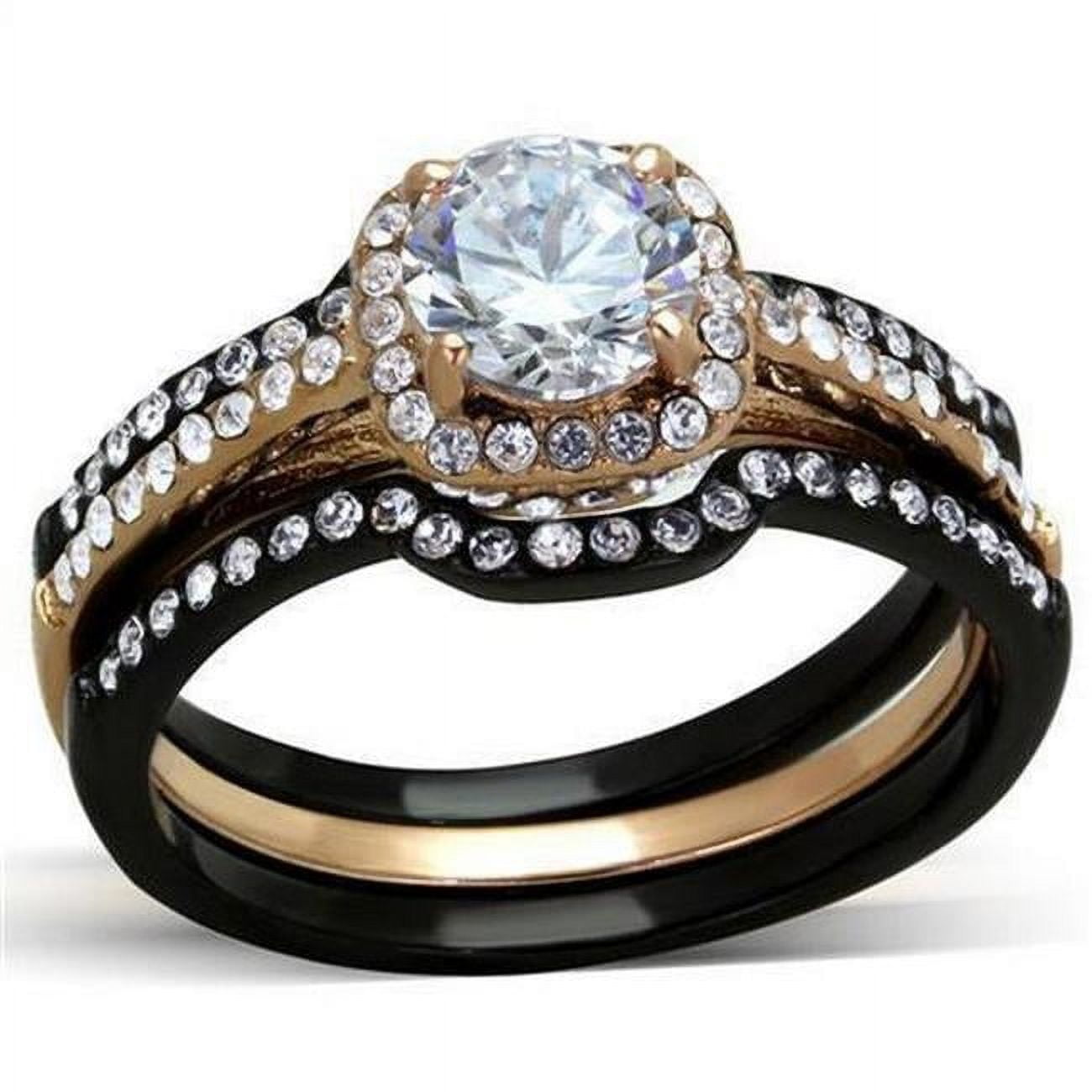 TK2020-5 IP Rose Gold & IP Black Ion Plating Stainless Steel Ring with AAA Grade CZ, Clear - Size 5