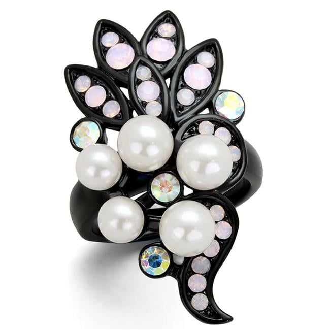 TK2138-6 IP Black Ion Plating Stainless Steel Ring with Synthetic Pearl, Light Rose - Size 6