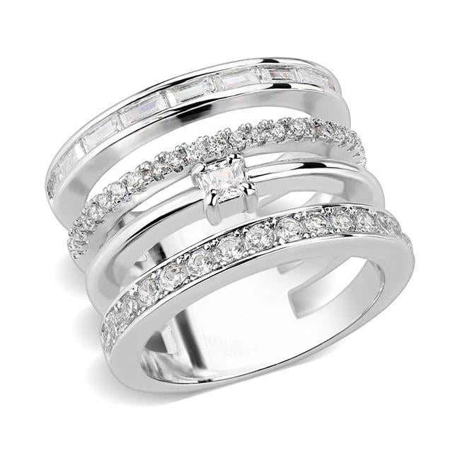 Rhodium Brass Ring with AAA Grade CZ, Clear - Size 5