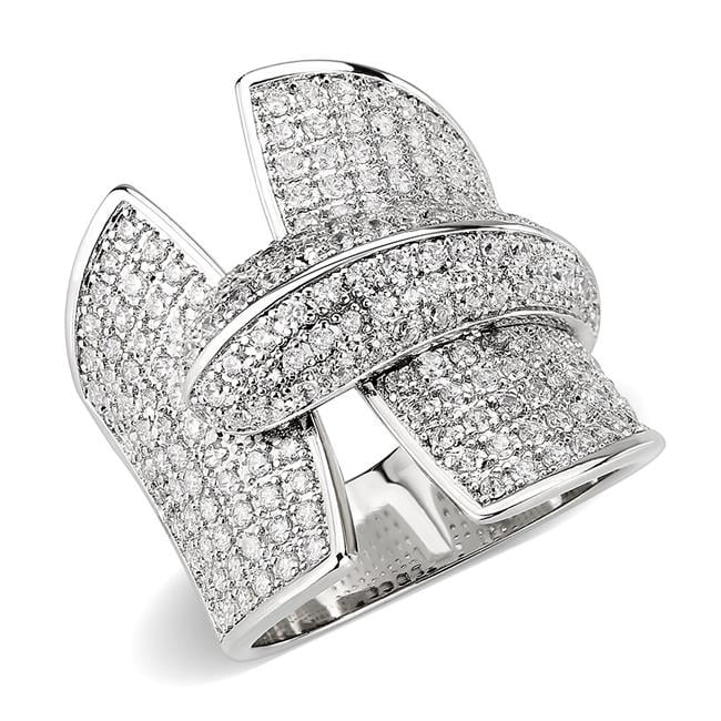 Rhodium Brass Ring with AAA Grade CZ, Clear - Size 9
