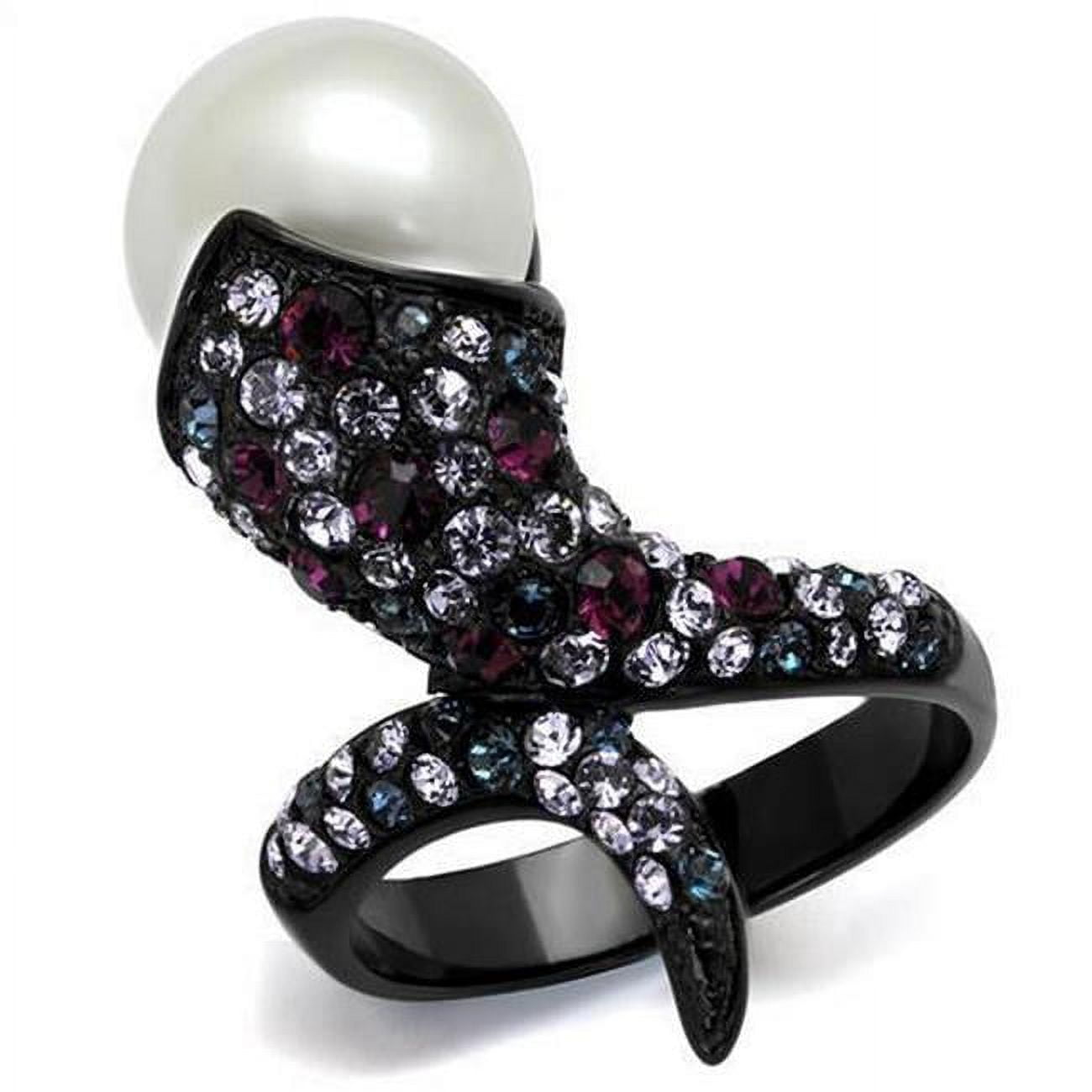IP Black Ion Plating Stainless Steel Ring with Synthetic Pearl, White - Size 7