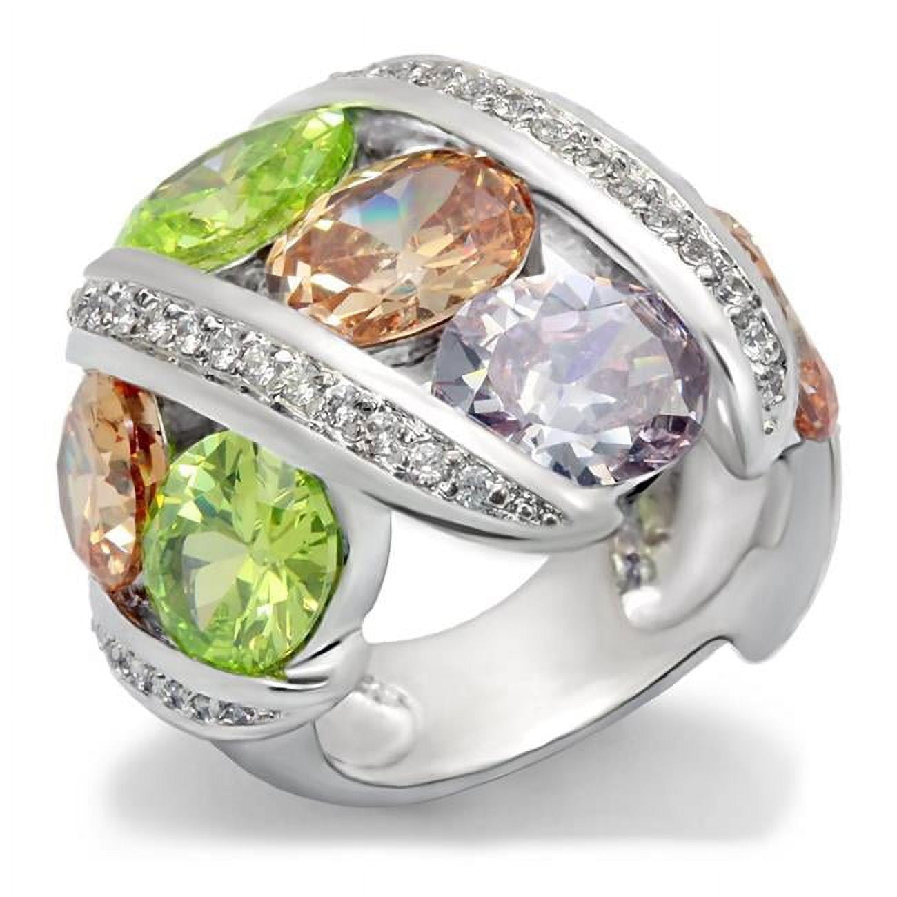 Rhodium Brass Ring with AAA Grade CZ, Multi Color - Size 5