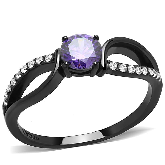Women IP Black Stainless Steel Ring with AAA Grade CZ in Amethyst - Size 8