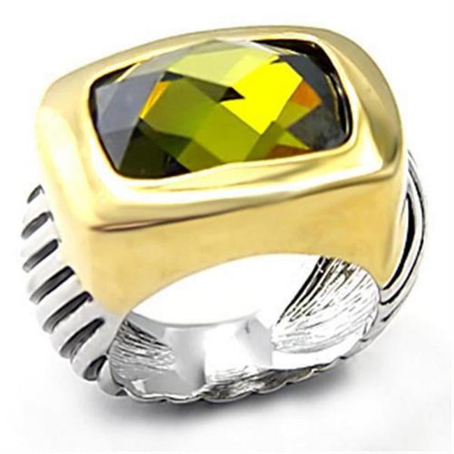 Reverse Two-Tone Brass Ring with AAA Grade CZ, Olivine - Size 5