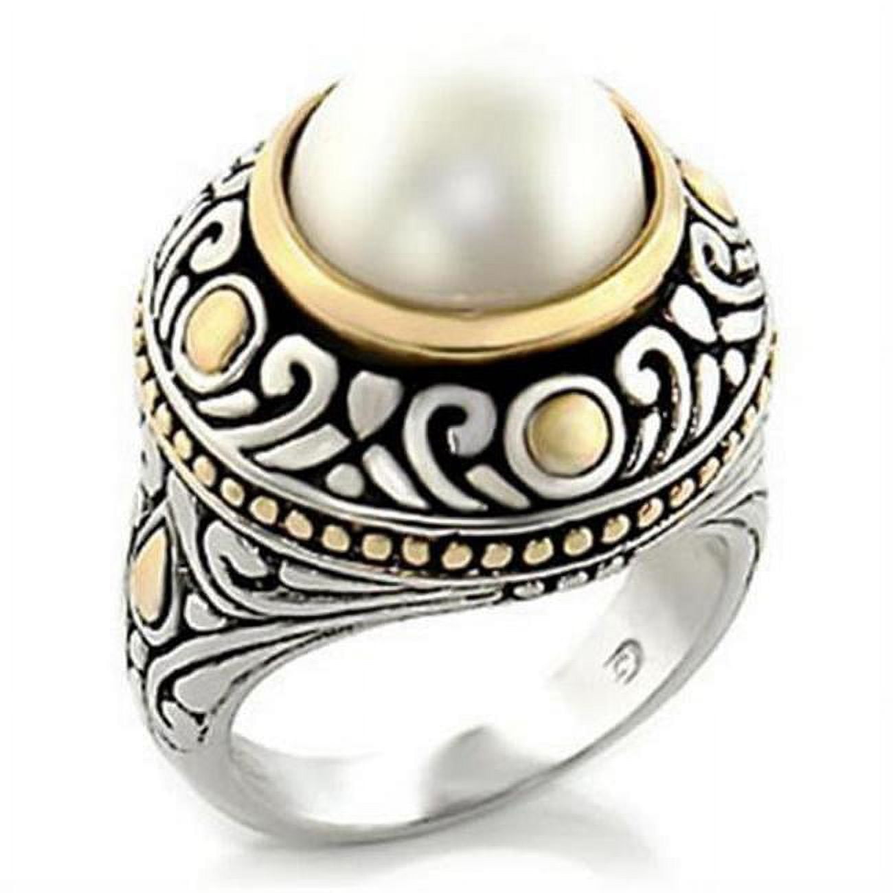 Picture of Alamode 7X137-5 Reverse Two-Tone Brass Ring with Synthetic Stone, White - Size 5