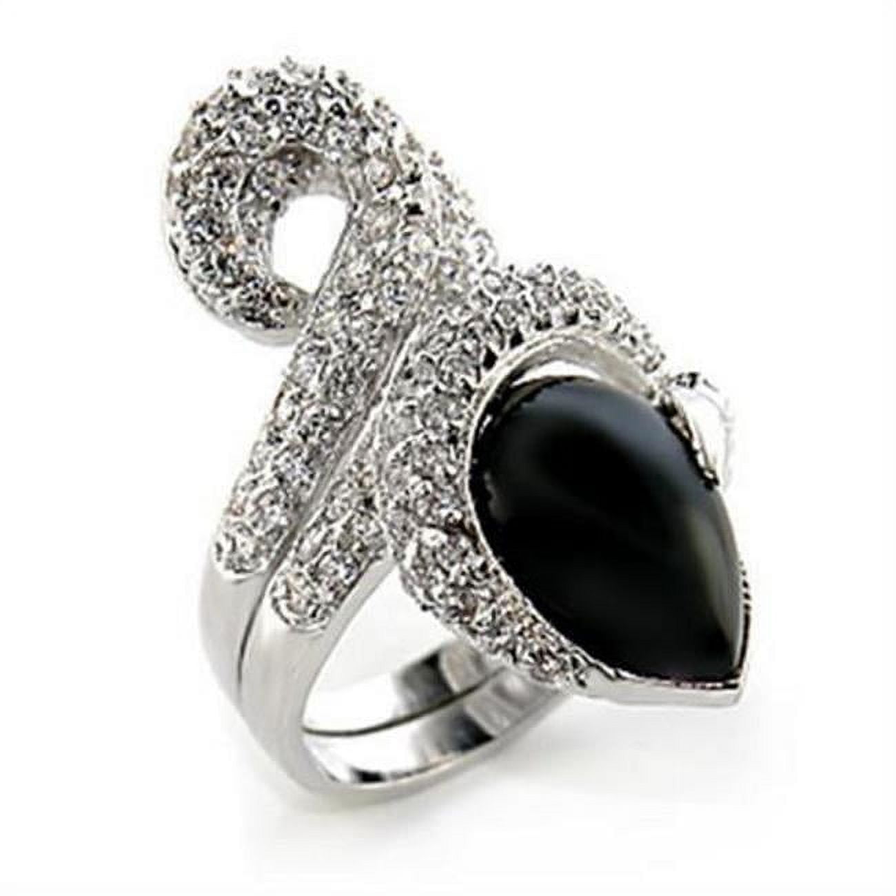 Picture of Alamode 80207-8 Rhodium Brass Ring with Semi-Precious Agate, Jet - Size 8