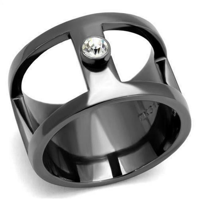 IP Light Black IP Gun Stainless Steel Ring with Top Grade Crystal, Clear - Size 11