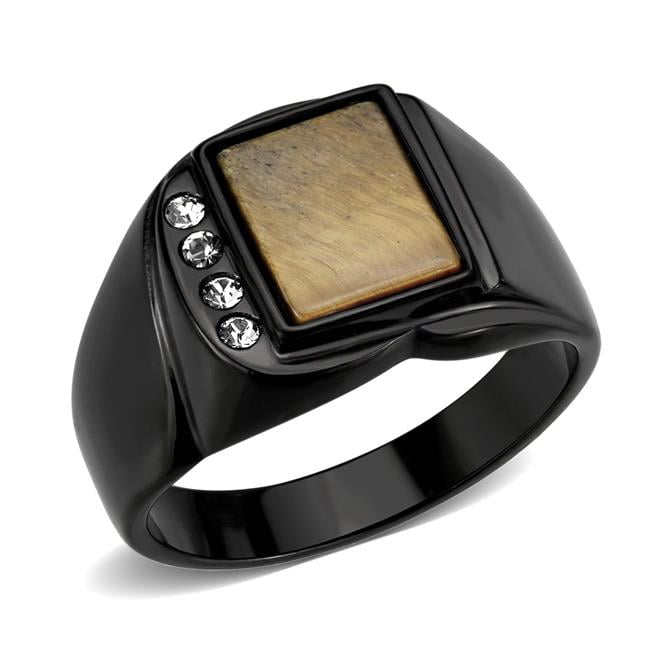 IP Black Stainless Steel Ring with Synthetic Stone, Topaz - Size 9