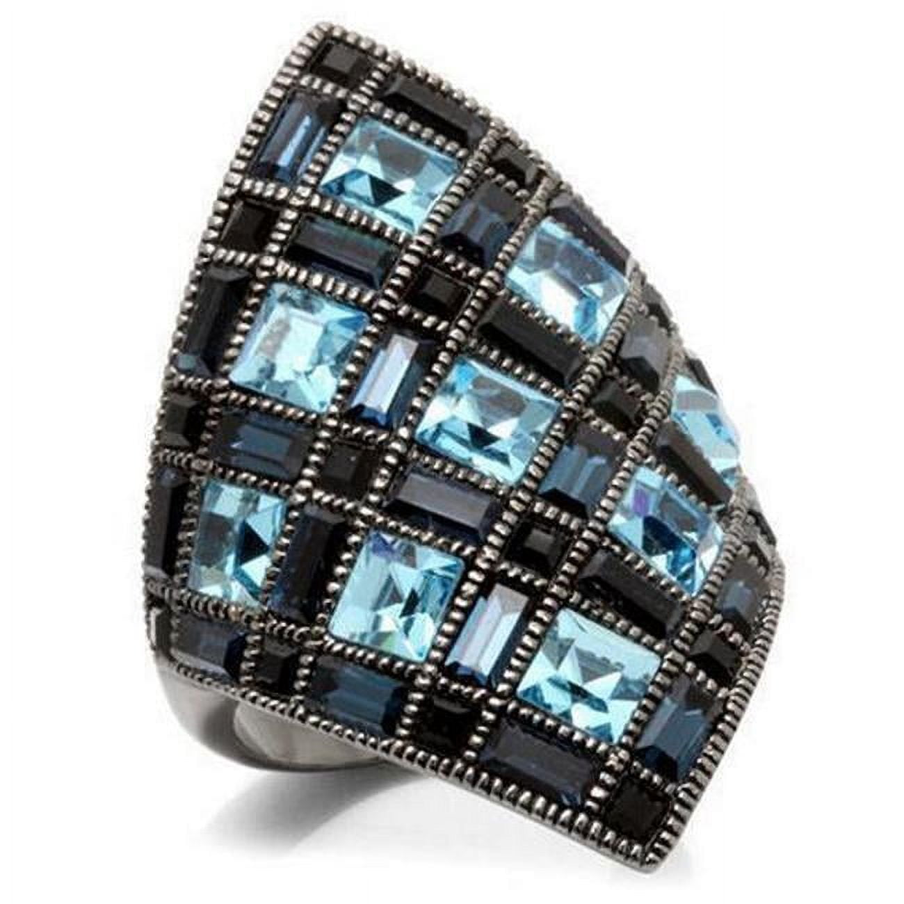 Picture of Alamode 0W235-6 Ruthenium Brass Ring with Top Grade Crystal, Sea Blue - Size 6