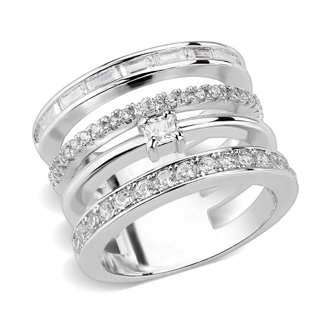Rhodium Brass Ring with AAA Grade CZ, Clear - Size 7