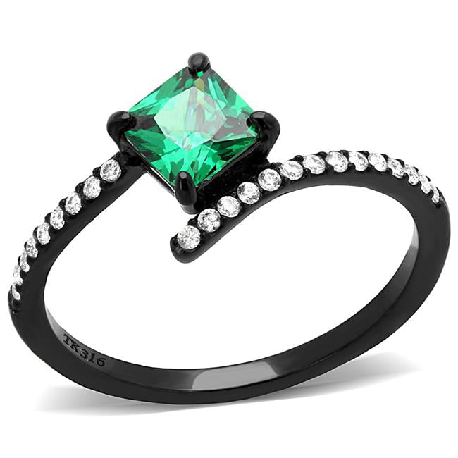 Women IP Black Stainless Steel Ring with AAA Grade CZ in Emerald - Size 9