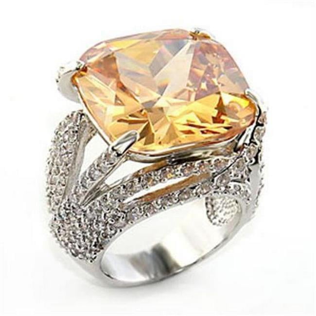 Rhodium Brass Ring with AAA Grade CZ, Champagne - Size 10