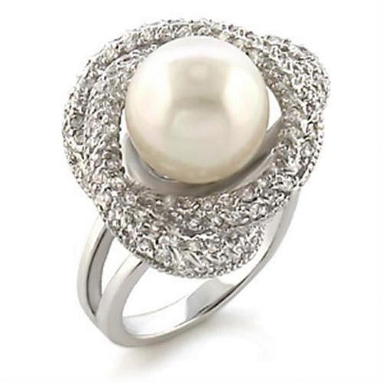 Picture of Alamode 9W005-6 Rhodium Brass Ring with Synthetic Pearl, White - Size 6