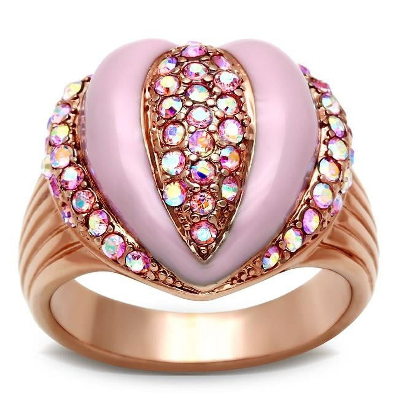 IP Rose Gold Ion Plating Brass Ring with Top Grade Crystal, Light Rose - Size 5
