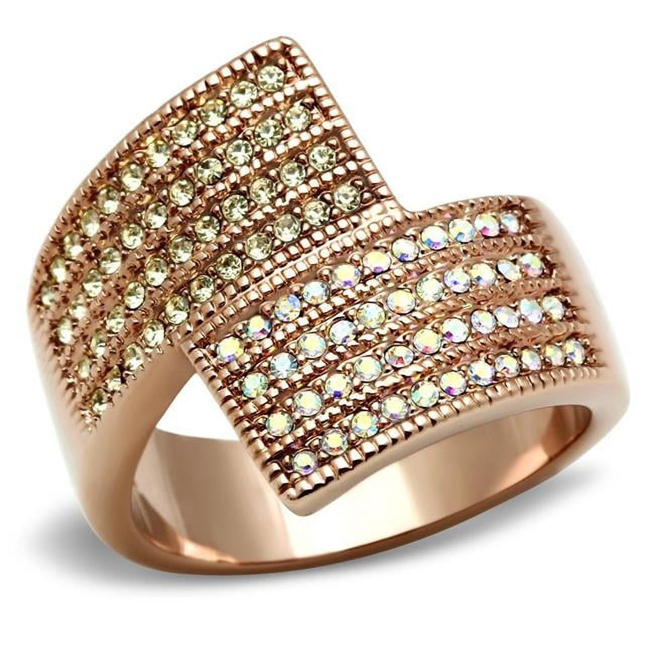 IP Rose Gold Ion Plating Brass Ring with Top Grade Crystal, Multi Color - Size 9