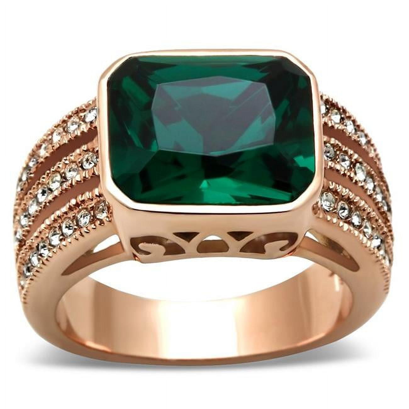 GL240-5 IP Rose Gold Ion Plating Brass Ring with Synthetic Glass, Blue Zircon - Size 5