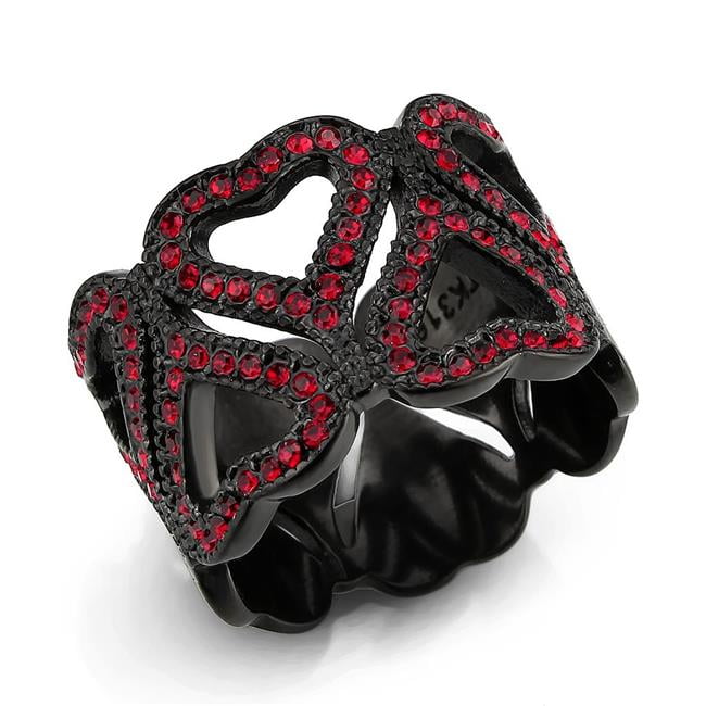 IP Black Ion Plating Stainless Steel Ring with Top Grade Crystal, Red - Size 7