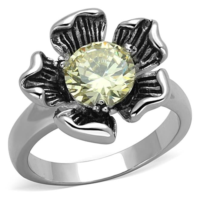 Rhodium Brass Ring with AAA Grade CZ, Citrine Yellow - Size 6
