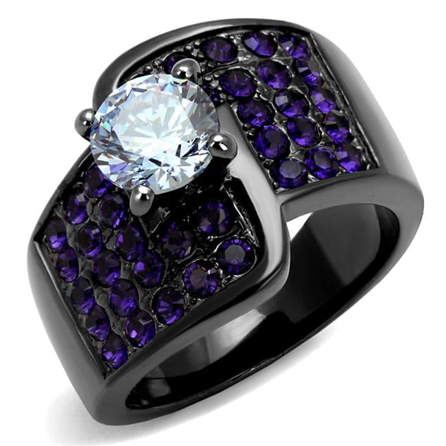 IP Light Black IP Gun Stainless Steel Ring with AAA Grade CZ, Light Amethyst - Size 7