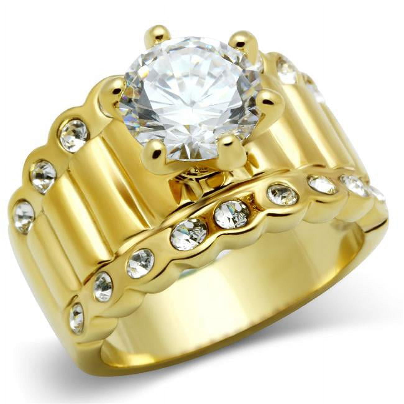 IP Gold Ion Plating Brass Ring with AAA Grade CZ, Clear - Size 5