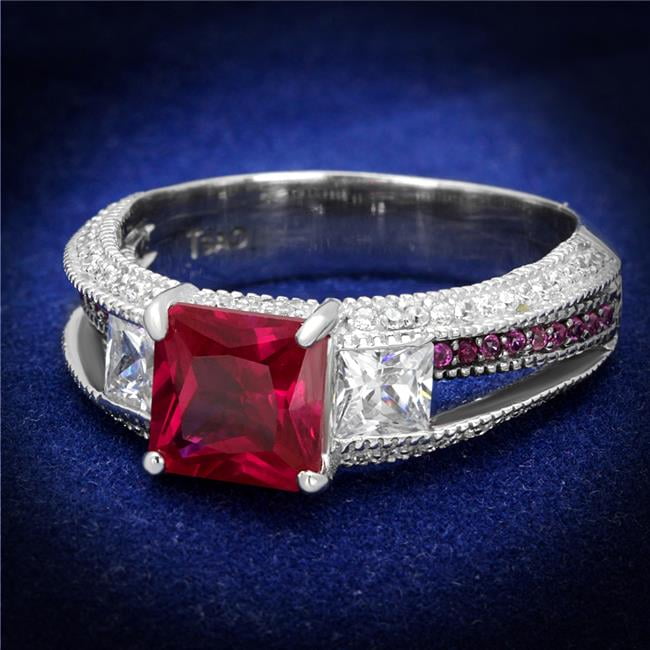 Women Rhodium & Ruthenium 925 Sterling Silver Ring with AAA Grade CZ in Ruby - Size 6