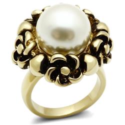 IP Gold Ion Plating Brass Ring with Synthetic Pearl, White - Size 8