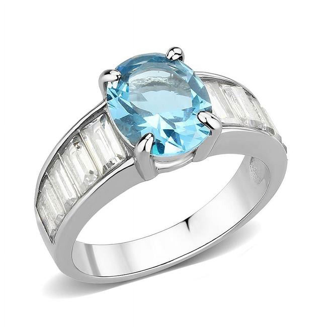 High Polished No Plating Stainless Steel Ring with Synthetic Stone, Sea Blue - Size 9