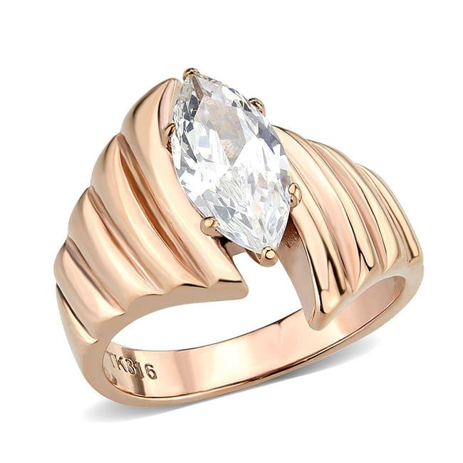 IP Rose Gold Ion Plating Stainless Steel Ring with AAA Grade CZ, Clear - Size 5
