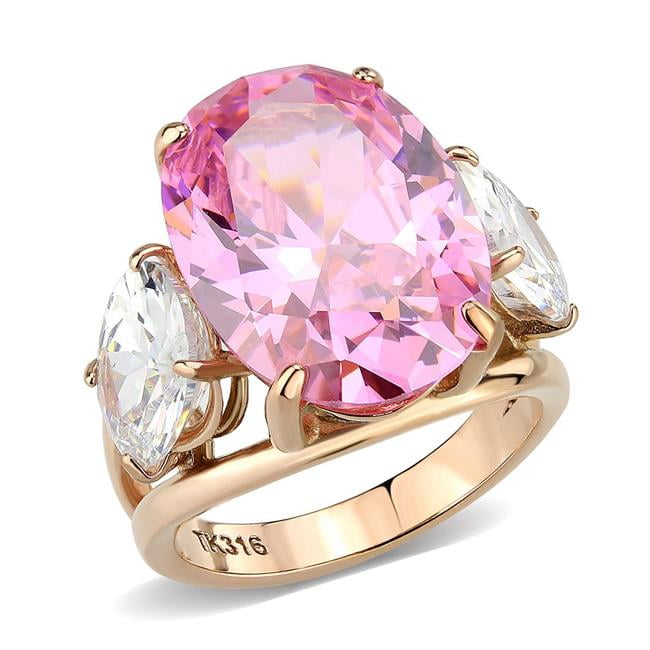 IP Rose Gold Ion Plating Stainless Steel Ring with AAA Grade CZ, Rose - Size 7