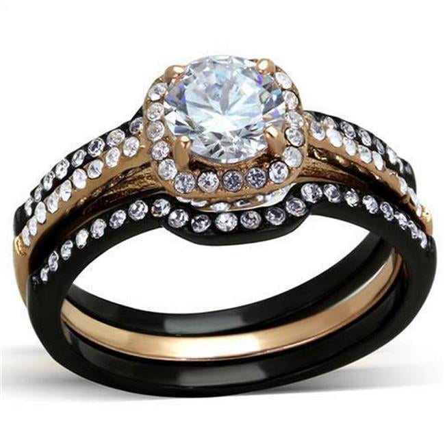 TK2020-6 IP Rose Gold & IP Black Ion Plating Stainless Steel Ring with AAA Grade CZ, Clear - Size 6