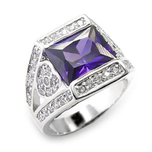 Rhodium Brass Ring with AAA Grade CZ, Amethyst - Size 7