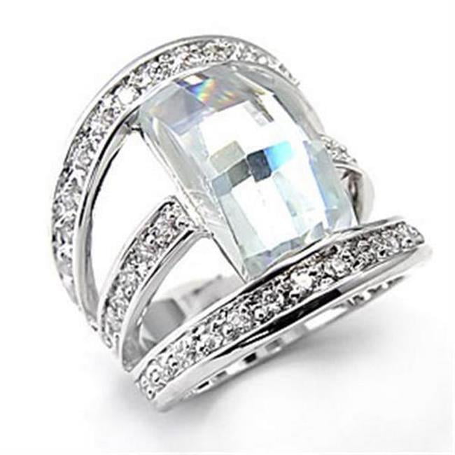 Rhodium Brass Ring with AAA Grade CZ, Clear - Size 10