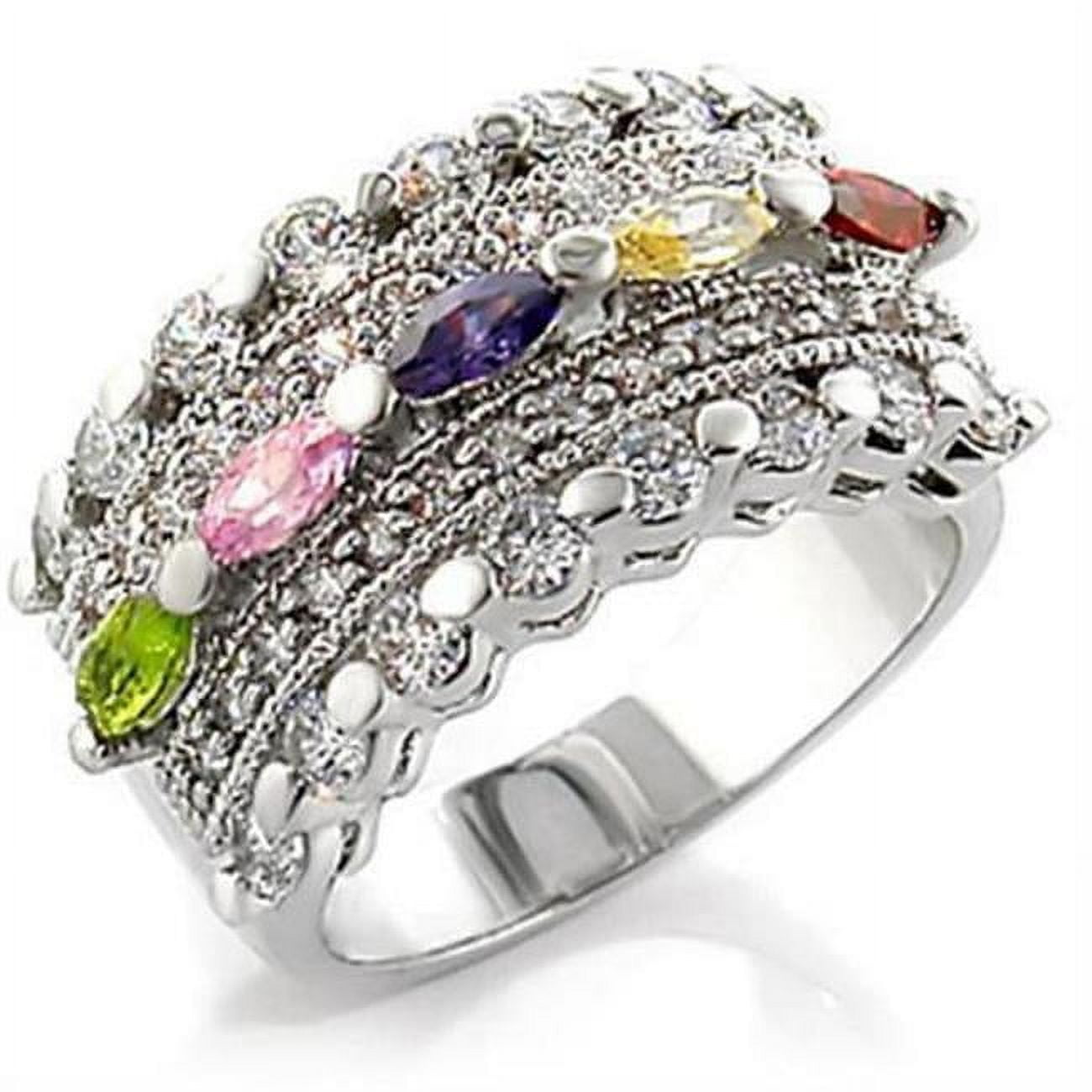 Rhodium Brass Ring with AAA Grade CZ, Multi Color - Size 6
